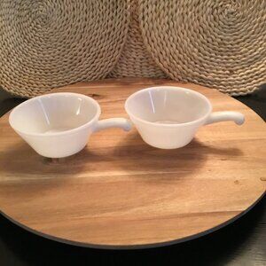 Vintage Fire King Borosilicate Milk Glass Handled Soup/Dessert Bowls Set Of 2